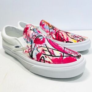 NEW Vans Custom Splatter Paint White Pink Canvas Unisex Slip On Platform Sneaker